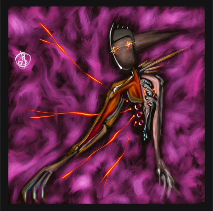 An abstract digital artwork of a figure with flowing lines against a smoky pink background.
