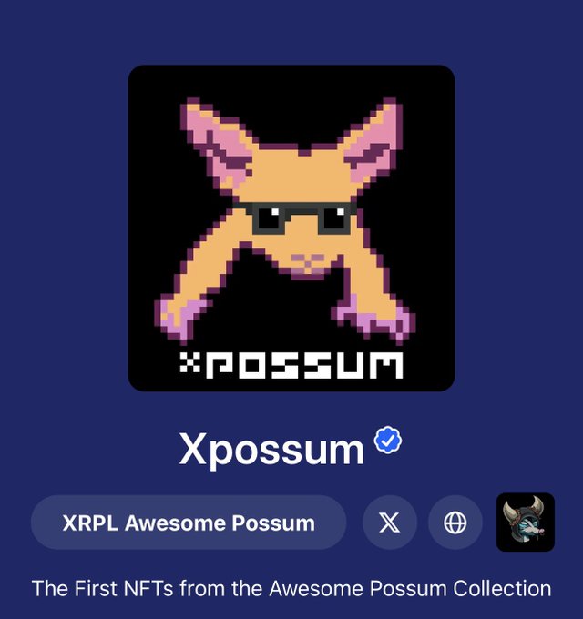 An image featuring an orange pixelated opossum character wearing sunglasses, branded with the name "Xpossum" and the text "XRPL Awesome Possum Collection."