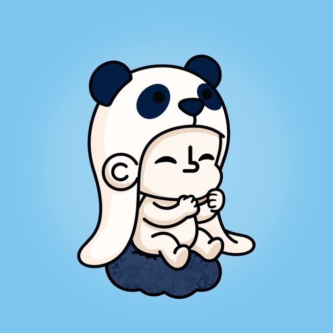 A cartoon illustration of a baby wearing a panda costume, sitting on a small dark cloud against a light blue background.