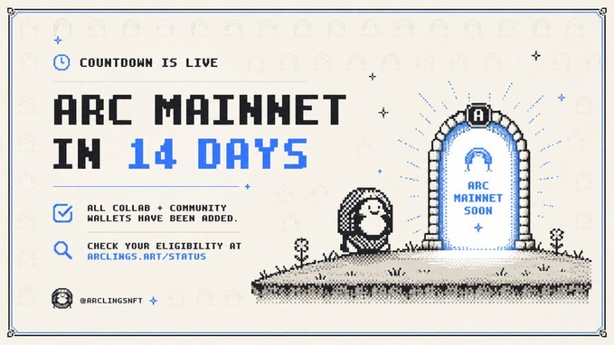 A pixel-art style promotional graphic announcing 'ARC MAINNET IN 14 DAYS', featuring a countdown, a stone archway with 'ARC MAINNET SOON', and a penguin character, noting that all wallet collabs have been added and directing viewers to arclings.art/status.
