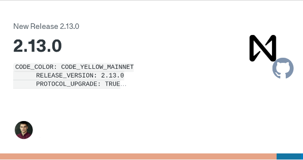 A release announcement graphic for NEAR Protocol version 2.13.0, displayed with the NEAR and GitHub logos, showing metadata that it is a "CODE_YELLOW_MAINNET" release with "PROTOCOL_UPGRADE: TRUE," corresponding to the post about the mainnet upgrade introducing post-quantum ML-DSA-65 signatures.