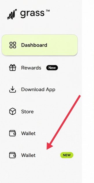 The image shows a side menu from the Grass app with a red arrow pointing to a newly added "Wallet" option marked with a "NEW" tag, indicating the arrival of the native wallet. This visual directly corresponds to the post's announcement about the Grass Season 2 Native Wallet feature being added to the dashboard.