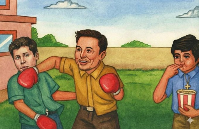 A cartoon illustration depicts Elon Musk wearing red boxing gloves playfully sparring with a dejected figure while another person watches eating popcorn, seemingly referencing the post's "$scam" token promotion as another potential crypto "fight" or speculation under 1M market cap.