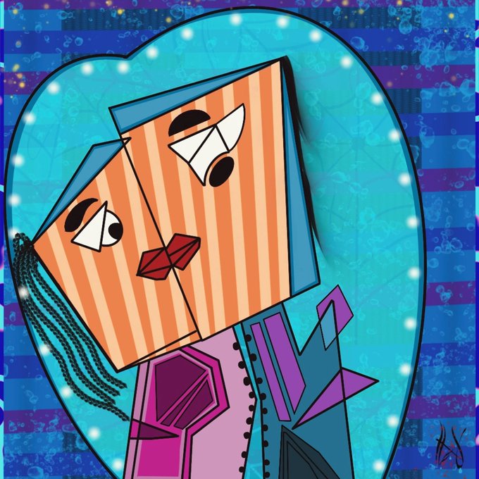 A colorful cubist-style abstract portrait of a figure with striped facial features, red lips, and geometric shapes in purple, pink, and blue tones.