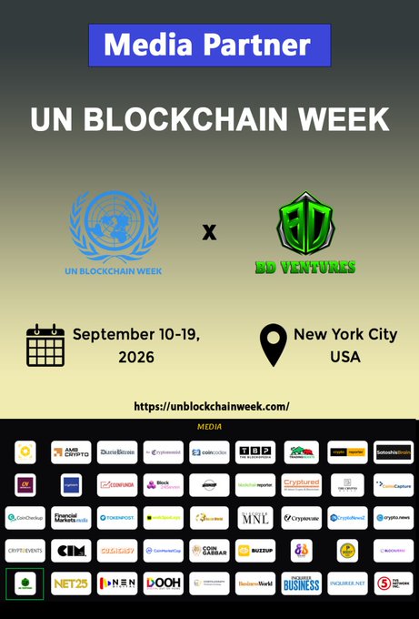 A promotional graphic announcing BD Ventures as an official Media Partner for UN Blockchain Week, taking place September 10-19, 2026, in New York City, featuring logos of both organizations alongside event details and a directory of media partner publications.