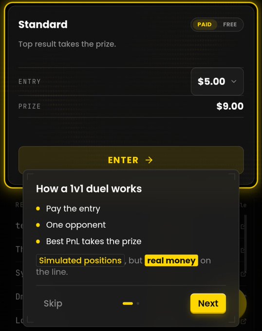A mobile app screen showing a 'Standard' 1v1 duel game with $5.00 entry and $9.00 prize, with an overlay explaining 'How a 1v1 duel works' where top PnL wins, featuring simulated positions with real money.