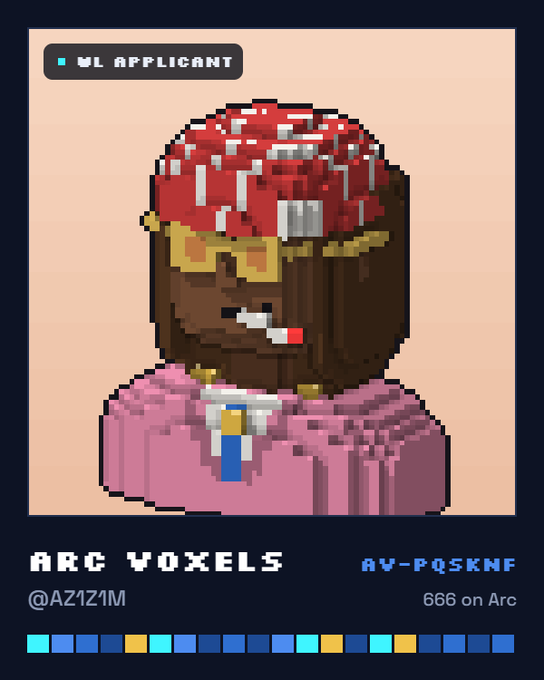 A pixel art profile picture from the Arc Voxels collection labeled 'WL APPLICANT' with the handle @AZ1Z1M, depicting a character with a red bandana, beard, and pink suit.