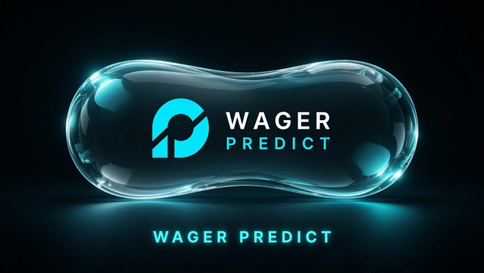 The image displays a glossy teal capsule-shaped design featuring the "WAGER PREDICT" logo with a stylized "P" emblem, promoting the project's $WP token TGE and 250,000 prize pool referenced in the birthday celebration post.