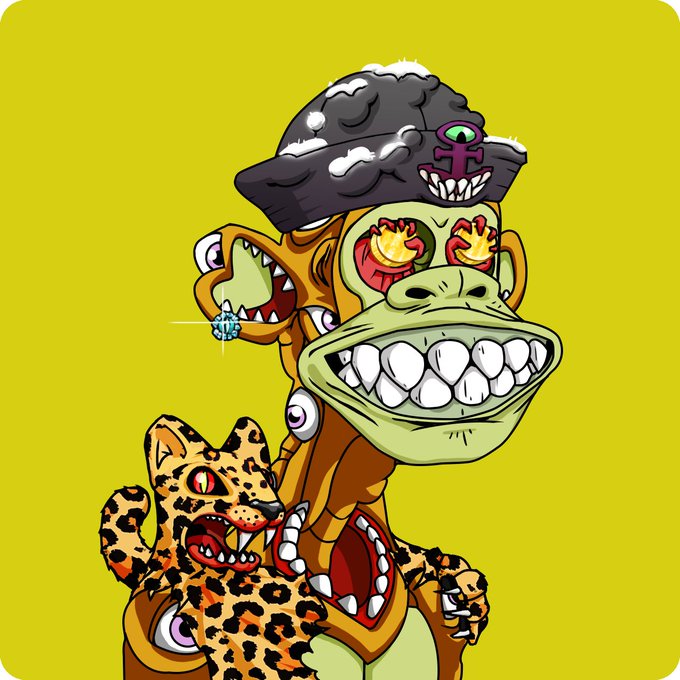 A cartoon-style illustration shows a Bored Ape-style character wearing a pirate hat and displaying multiple monstrous mutant faces, holding a roaring leopard on a yellow background. The vibrant artwork connects to the post's celebration of 5 years since the Mutant Ape Yacht Club (MAYC) NFT collection launched.