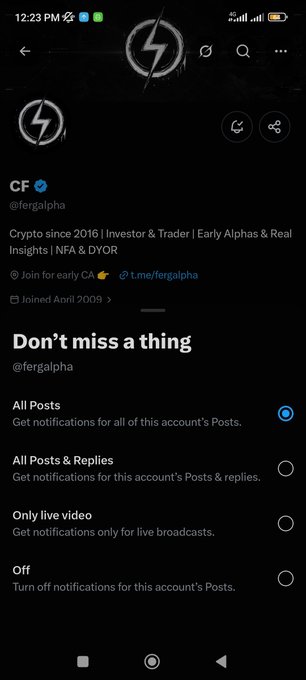 A Twitter/X profile page for "CF (@fergalpha)" showing notification settings with "All Posts" selected.