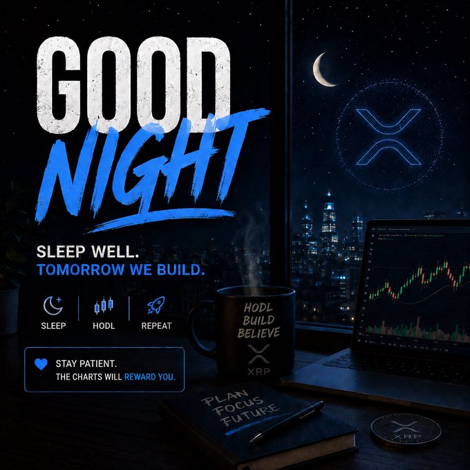 A 'GOOD NIGHT' XRP-themed graphic encouraging holders to sleep well, featuring a coffee mug reading 'HODL BUILD BELIEVE XRP' alongside trading charts and city skyline imagery.