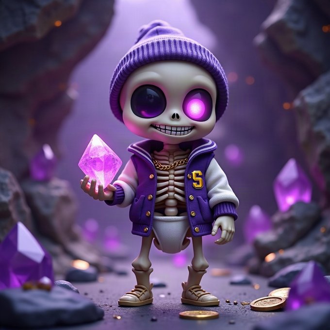 A 3D rendered skeleton character wearing a purple beanie and varsity jacket, holding a glowing purple crystal in a cave filled with similar crystals and gold coins.