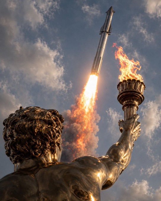 A golden Prometheus statue holding a lit torch launches a fiery rocket into a cloudy sky, symbolizing the $PROMTHEUS roadmap's ambitious ascent and ignition of new frontiers in innovation.