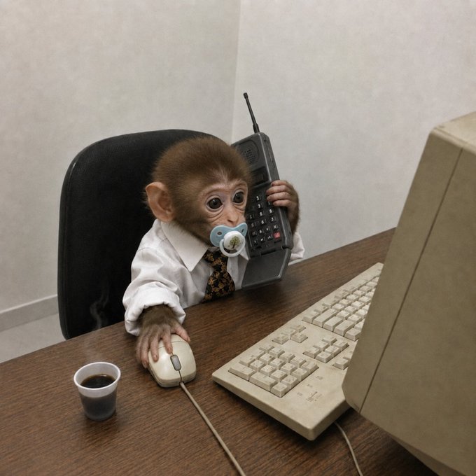 A baby monkey wearing a white shirt and tie sits at an office desk, holding a large brick-style mobile phone to its ear with a pacifier in its mouth while using a computer mouse next to a keyboard and a small cup of coffee.