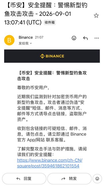 Binance sent an official security alert email warning users about new phishing attacks targeting crypto users via fake "security reminder" texts, emails, and messages with malicious links, advising recipients to use the Binance app/website for support. The alert relates to the recent large-scale credential stuffing attack on X, as Binance proactively notified users to protect against related phishing attempts exploiting compromised account credentials.