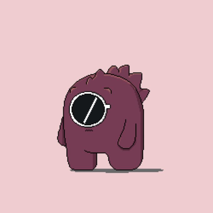 A simple cartoon illustration of a small dark purple/maroon creature with spiky back and a single large round eye on a pink background.