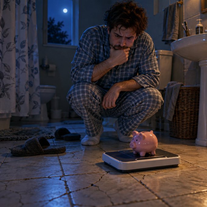 A man in blue plaid pajamas squats on a bathroom tile floor at night, looking pensively at a pink piggy bank placed on a digital scale.