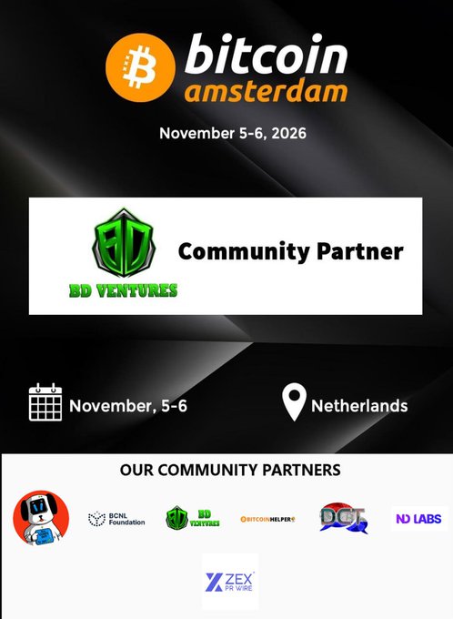 The image is a promotional graphic for Bitcoin Amsterdam 2026, scheduled for November 5-6 in the Netherlands, highlighting BD Ventures as an official Community Partner alongside other partners like BCN Foundation, BD Ventures, Bitcoin Help, DGI, ND Labs, and ZEX PR Wire.