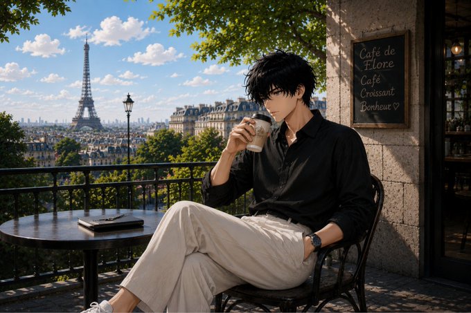 An anime-style illustration of a young man with black hair sitting at a Parisian café terrace, drinking coffee with the Eiffle Tower in the background; a sign reads 'Café de Flore Café Croissant Bonheur'.