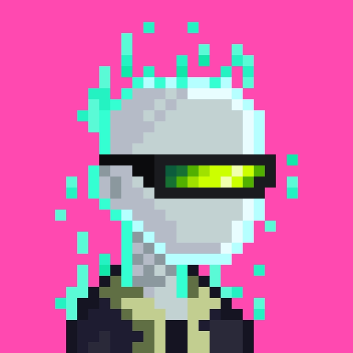 A pixel art portrait of a character with a white helmet featuring green digital visor against a bright pink background.