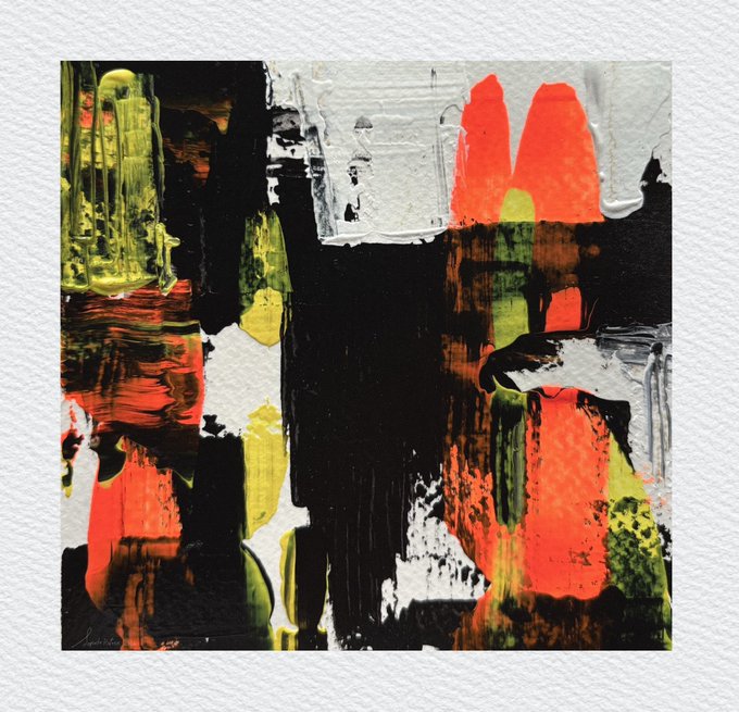 An abstract painting featuring textured blocks of black, red, green, yellow, and white paint.