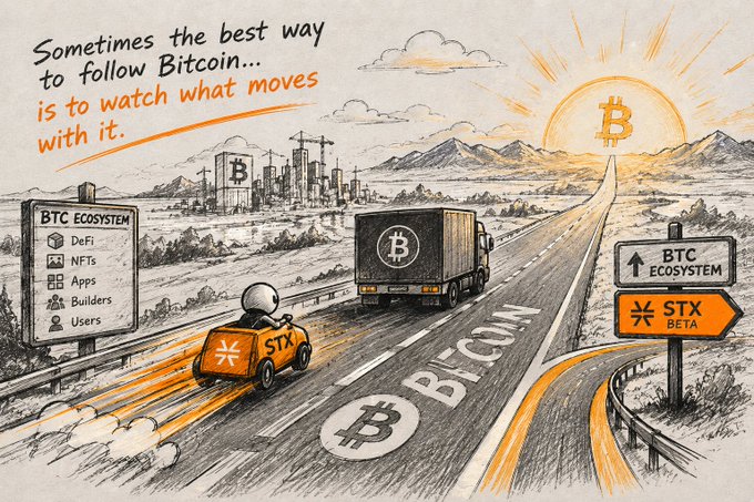 An illustrated graphic reading 'Sometimes the best way to follow Bitcoin... is to watch what moves with it,' featuring a BTC truck and a smaller STX car on a Bitcoin highway.