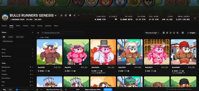 Screenshot of the OpenSea NFT marketplace showing the 'Bulls Runners Genesis' collection with a floor price of 0.0308 ETH, displaying various cartoon bull character listings.