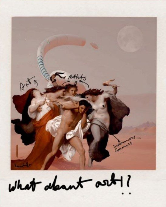 An artistic reinterpretation of a classical painting with annotated text labels pointing to artistic elements like 'Artists', 'Artistry', and 'Steamcorny features', with 'What about art!?' written at the bottom.