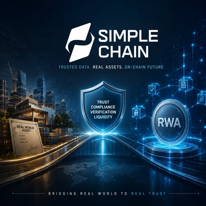 A promotional graphic for "SIMPLE CHAIN" with the tagline "TRUSTED DATA. REAL ASSETS. ON-CHAIN FUTURE." and "BRIDGING REAL WORLD TO REAL TRUST," featuring a shield with "TRUST COMPLIANCE VERIFICATION LIQUIDITY," a "RWA" token, and a "REAL WORLD ASSET" certificate against a city skyline.
