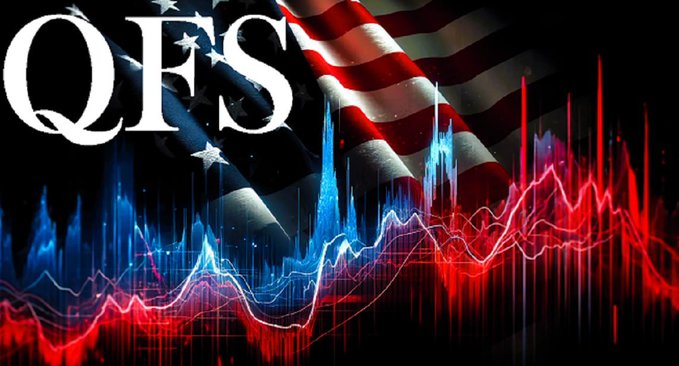 A dramatic graphic featuring the text 'QFS' over an American flag background with red and blue waveform visualizations resembling audio or financial data charts.