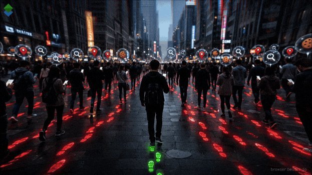A digitally rendered scene depicts a crowd of people walking down a city street with red footprints projected on the ground and digital icons floating above their heads.