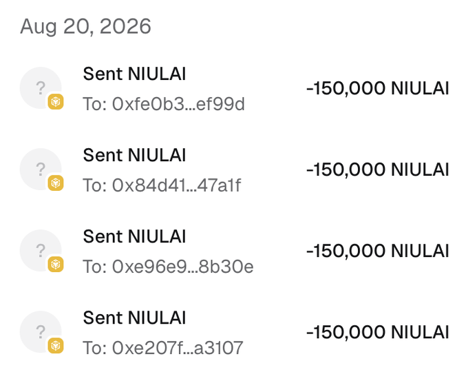 The image shows a transaction history from August 20, 2026, with four "Sent NIULAI" transactions of -150,000 NIULAI each to different wallet addresses (0xfe0b3...ef99d, 0x84d41...47a1f, 0xe96e9...8b30e, and 0xe207f...a3107). This appears to verify a $NIULAI airdrop distribution tied to the "$NiuLai NiuLai" promotional post requiring $BNB wallet submissions, likely demonstrating the project's claimed token allocations to early participants of the giveaway.