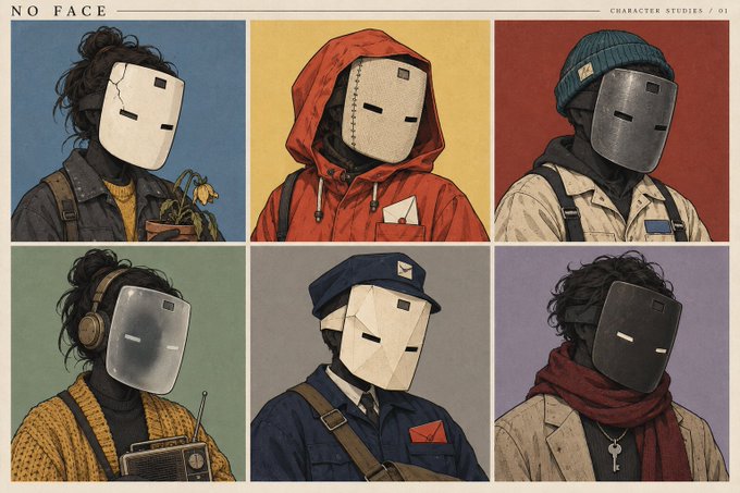 An artistic character study titled 'NO FACE' featuring six illustrations of faceless figures wearing various masks, hoods, and headgear in different clothing styles across colorful backgrounds.
