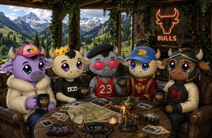 A whimsical 3D-rendered scene showing five anthropomorphic bulls wearing different outfits and accessories sitting around a wooden table in a mountain cabin, with a neon 'BULLS' sign and views of snow-capped mountains through large windows.