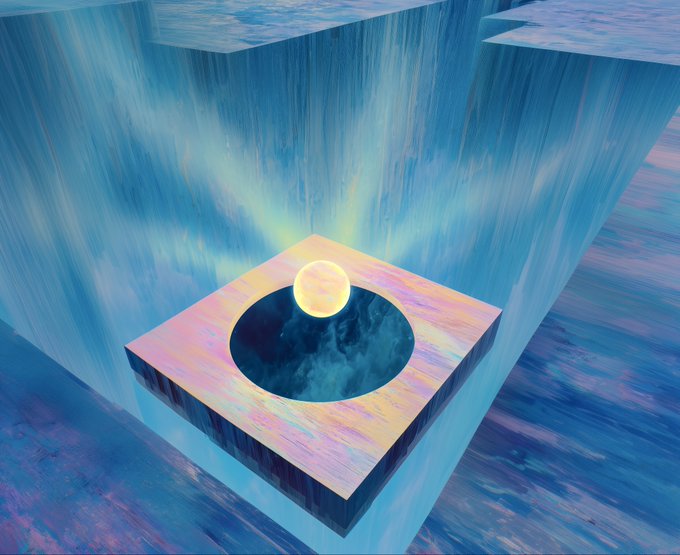 A surreal 3D digital artwork depicting a glowing yellow sphere hovering over a pink wooden platform with a dark circular opening, set against blue textured walls with a radiant light effect.