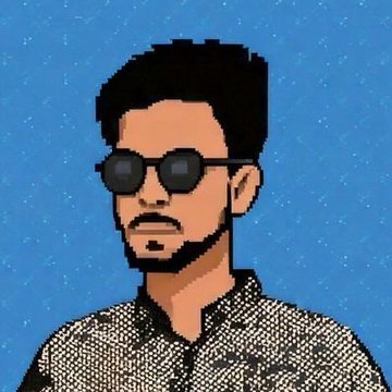 Pixel art portrait of a bearded man wearing dark sunglasses and a patterned shirt against a starry blue background.