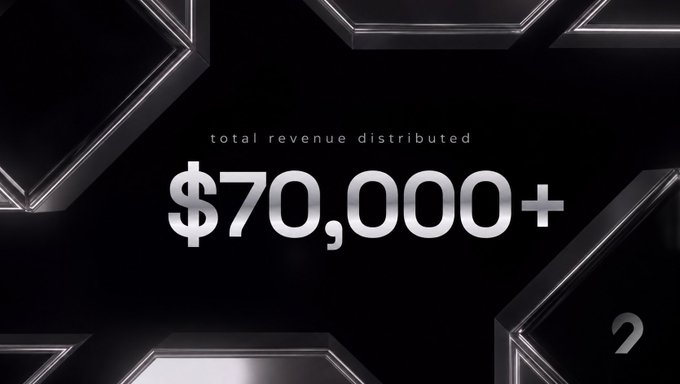 A dark, sleek graphic with metallic accents displaying the text 'total revenue distributed' and '$70,000+'.