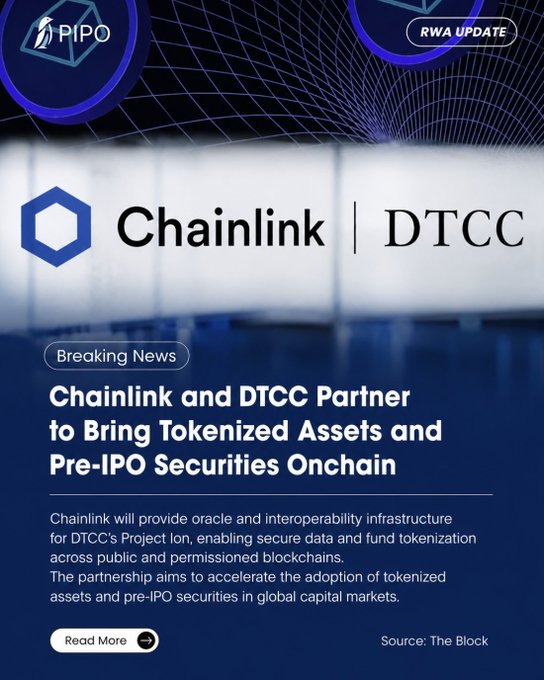 A 'Breaking News' article titled 'Chainlink and DTCC Partner to Bring Tokenized Assets and Pre-IPO Securities Onchain', explaining Chainlink will provide oracle infrastructure for DTCC's Project Ion, sourced from The Block, with PIPO and RWA UPDATE logos.