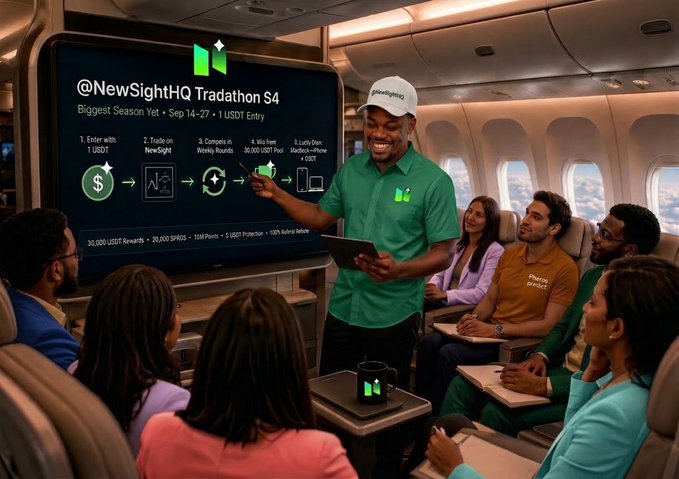 A smiling man in a green NewSightHQ shirt presents the "Tradathon S4" details on an airplane screen, highlighting the Sept 14-27 season with 30,000 USDT rewards and 1 USDT entry, while a group of attentive passengers watches from their seats.