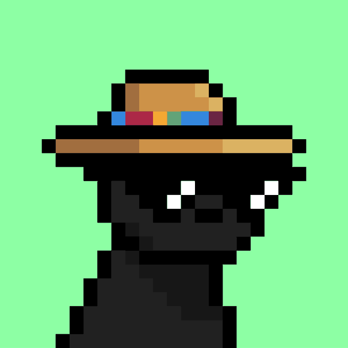 A pixel art image of a character wearing a black outfit and a brown fedora-style hat with a colorful band, set against a bright green background. This represents Doginal Dog #8243, an NFT character being sold in the Doginal Dogs collection for 69696 DOGE.