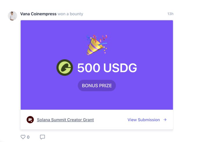 A notification from 'Vana Coinempress' showing they won a bounty, with a purple graphic featuring a party popper, a 'G' logo, '500 USDG BONUS PRIZE', and 'Solana Summit Creator Grant'.