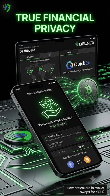 A promotional image showcasing the Beldex mobile wallet on a smartphone, featuring a "True Financial Privacy" headline and dashboard displaying QuickEx swap integration with a staking balance of 0.5 BDX. The ad emphasizes self-custody with "Your Keys, Your Control" messaging, aligning with the post's argument that decentralized wallets eliminate the need for centralized exchanges for swapping, staking, and storing crypto assets.