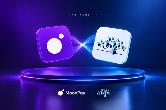 A promotional graphic announces a 'PARTNERSHIP' between MoonPay and another entity, featuring purple and blue 3D icons on a glowing platform.