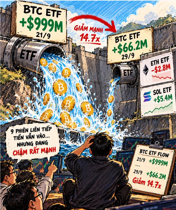 A colorful illustration showing a massive waterfall of Bitcoin coins flowing from a 'BTC ETF +$999M (21/9)' pipe, with a smaller 'BTC ETF +$66.2M (29/9) Giảm mạnh 14.7x' pipe alongside ETH ETF -$2.8M and SOL ETF +$5.4M indicators, while figures below monitor charts and a caption reads '9 phiên liên tiếp tiền vẫn vào... nhưng đang chậm rất mạnh'.