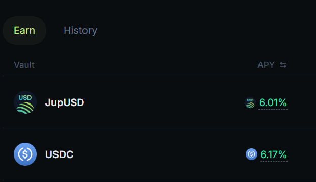 A digital finance interface displaying an 'Earn' tab with vault options, showing JupUSD at 6.01% APY and USDC at 6.17% APY.