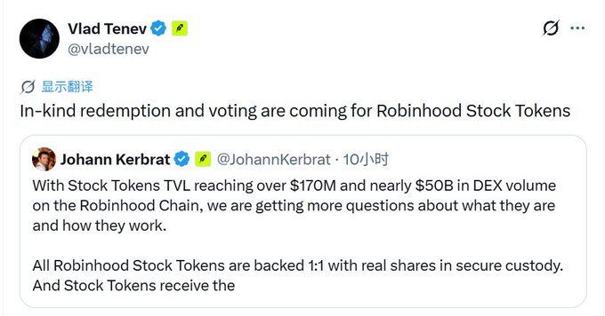 A tweet from Vlad Tenev (@vladtenev) reads 'In-kind redemption and voting are coming for Robinhood Stock Tokens,' quoting a tweet by Johann Kerbrat noting Stock Tokens TVL reaching over $170M and nearly $50B in DEX volume on the Robinhood Chain.