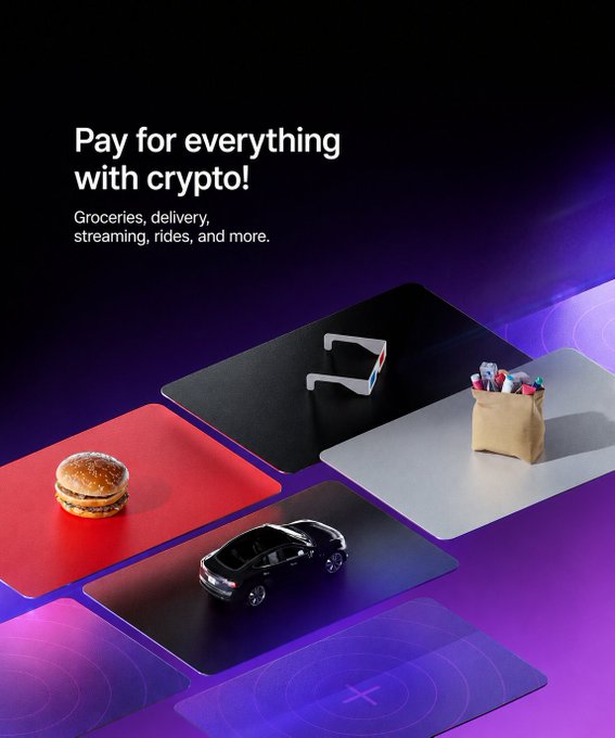 A promotional graphic with the headline "Pay for everything with crypto!" and subtitle "Groceries, delivery, streaming, rides, and more." featuring arranged cards depicting a hamburger, VR headset, grocery bag, and car, illustrating the post's message about using crypto through Bitrefill for everyday purchases directly within Klever Wallet.