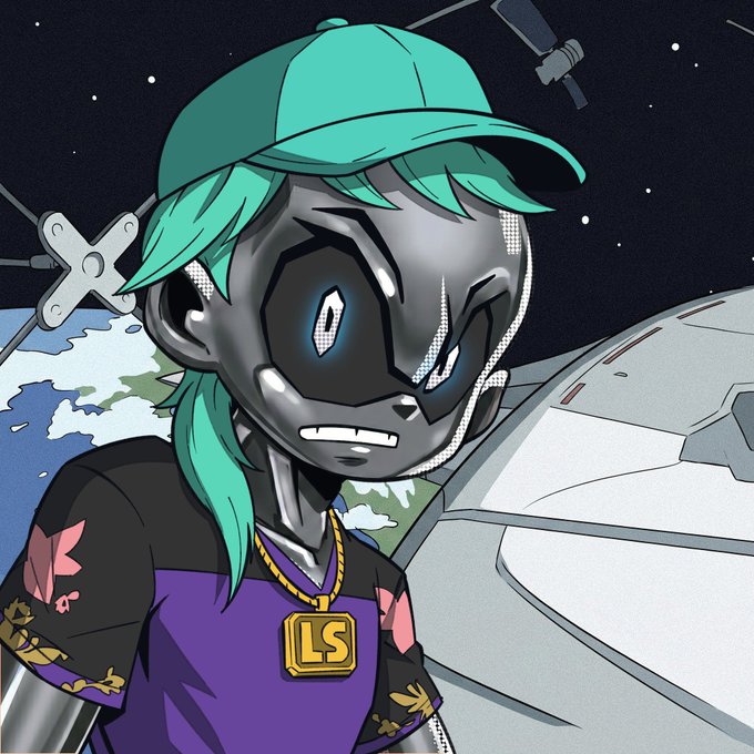 The image features an illustration of a person wearing a purple shirt, green cap, and gold chain necklace with a serious expression on their face. The background shows a space shuttle or rocket ship, suggesting that this character might be from outer space or have some connection to space exploration. The caption reads "TURC Giveaway 1,111 Supply on ETH mainnet I’m giving away 5 GTD spots on this post".