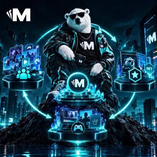 A stylized promotional image featuring an anthropomorphic polar bear wearing sunglasses and dark clothing, surrounded by tech and gaming-related icons including NFT symbols and platform logos.
