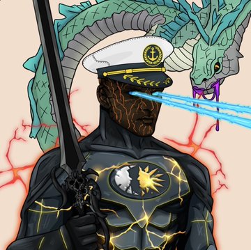 An illustration of a muscular Black character in a navy captain's hat and black tactical suit with gold accents, wielding a sword, with a green dragon breathing blue energy behind him.